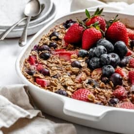 completed Vegan Baked Oatmeal [With Berries] in a baking dish