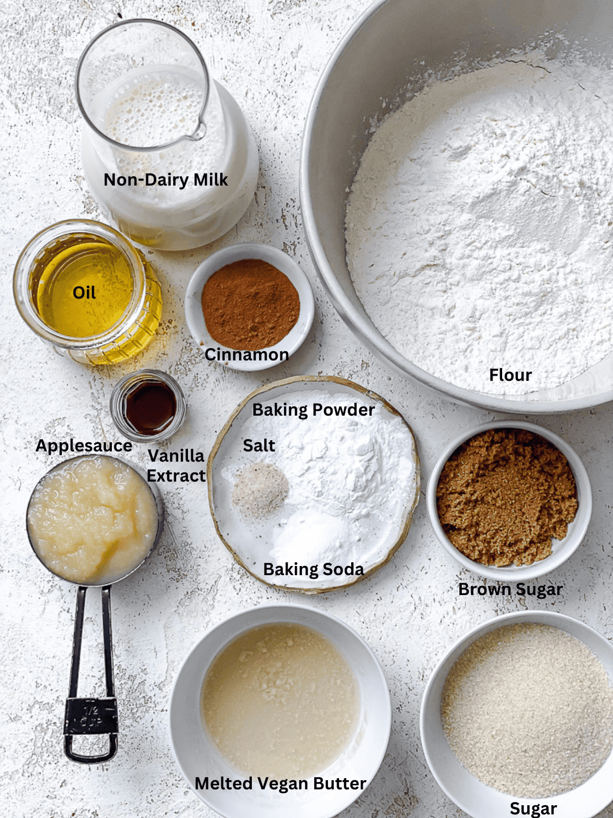 ingredients for Vegan Coffee Cake measured out against a white surface