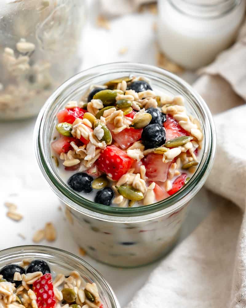 completed Vegan Overnight Oats [Multiple Ways] in a gl، jar