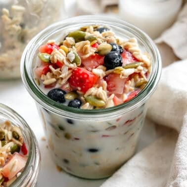 completed Vegan Overnight Oats [Multiple Ways] in a glass jar