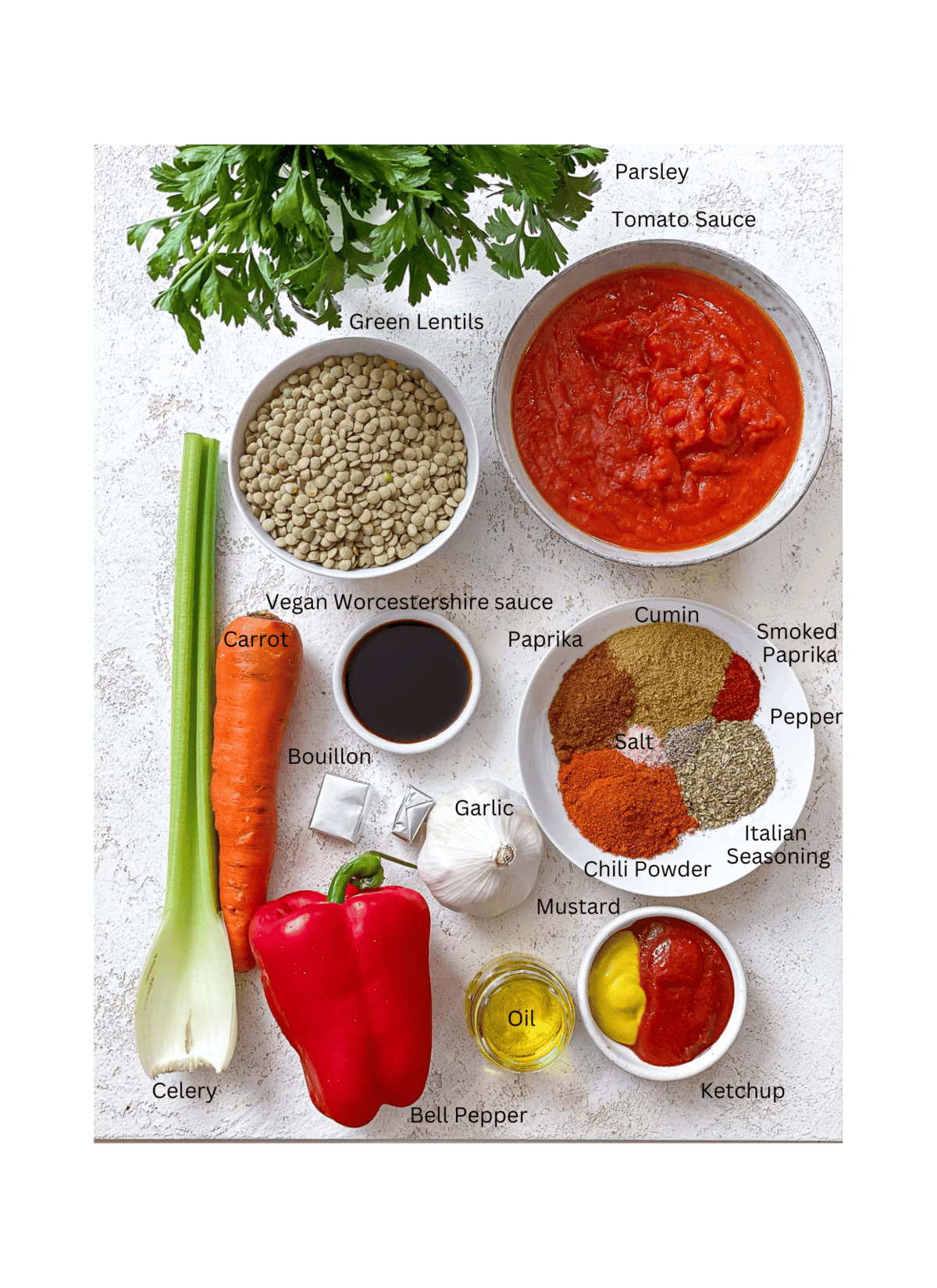 ingredients for Lentil Sloppy Joes (Stove or Slow Cooker) on a white surface