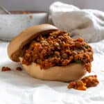 completed Lentil Sloppy Joes (Stove or Slow Cooker) in a hamburger bun