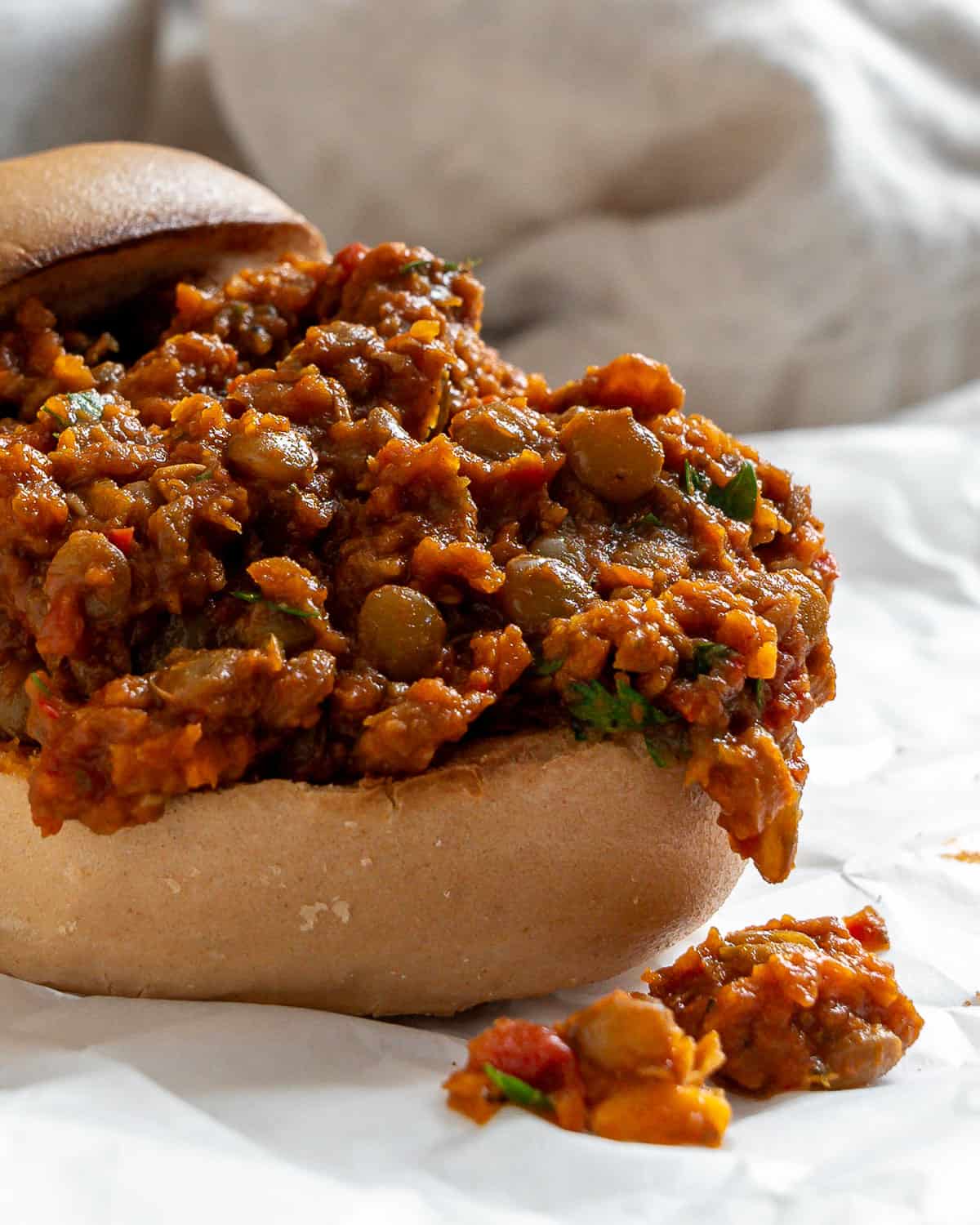 completed Lentil Sloppy Joes (Stove or Slow Cooker) in a hamburger bun