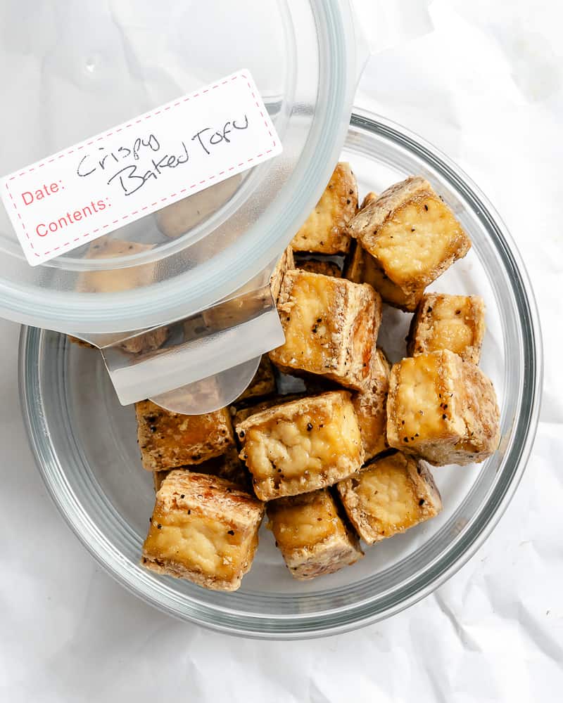 completed Crispy Baked Tofu in a storage container
