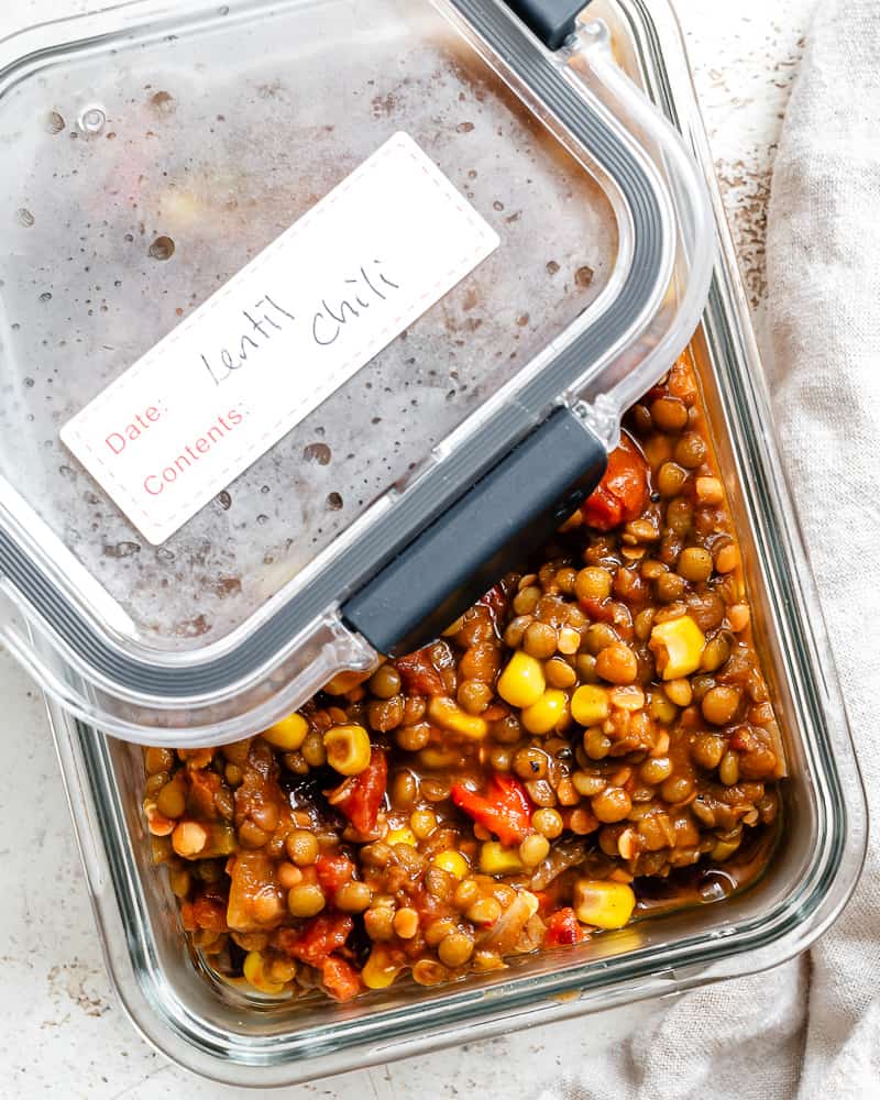 completed Lentil Bean Chili in a storage container