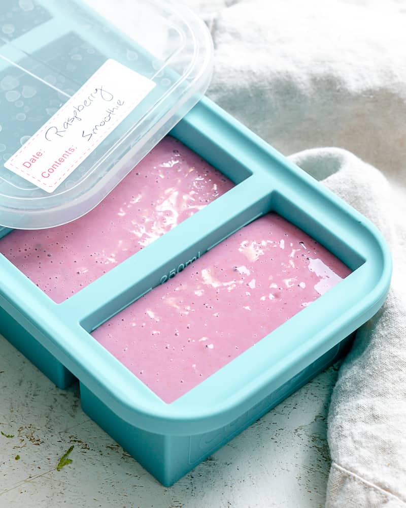 completed Easy Raspberry Smoothie in a storage container