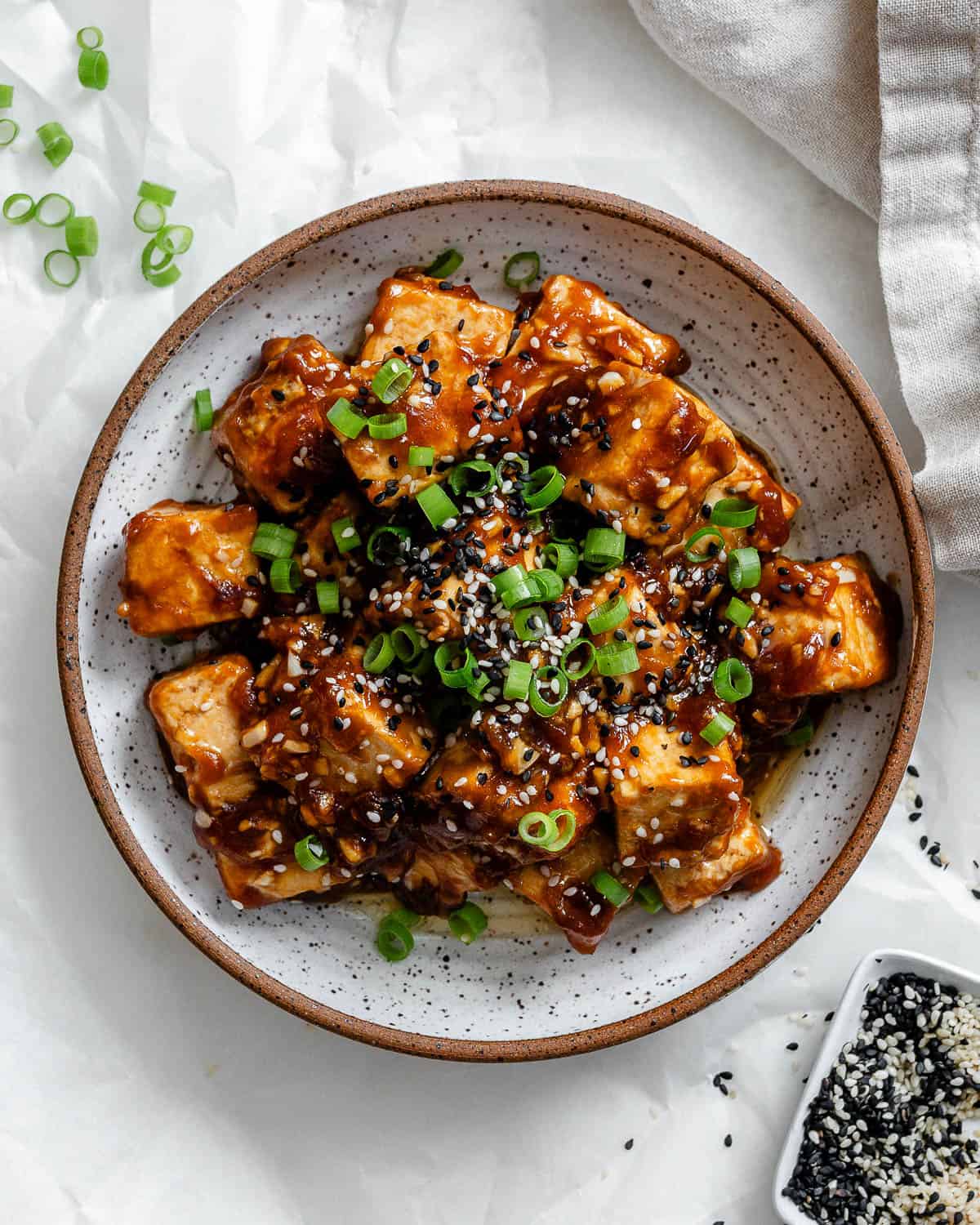 completed Sticky Sesame Tofu on a plate
