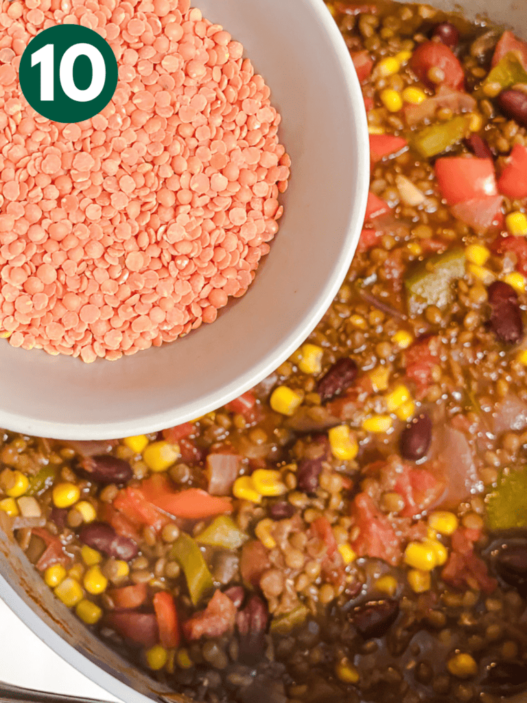 process shot showing lentils being added to pot