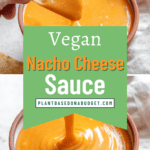 pinterest image of vegan nacho cheese sauce in a small bowl.
