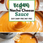 pinterest image of vegan nacho cheese sauce in a small bowl.