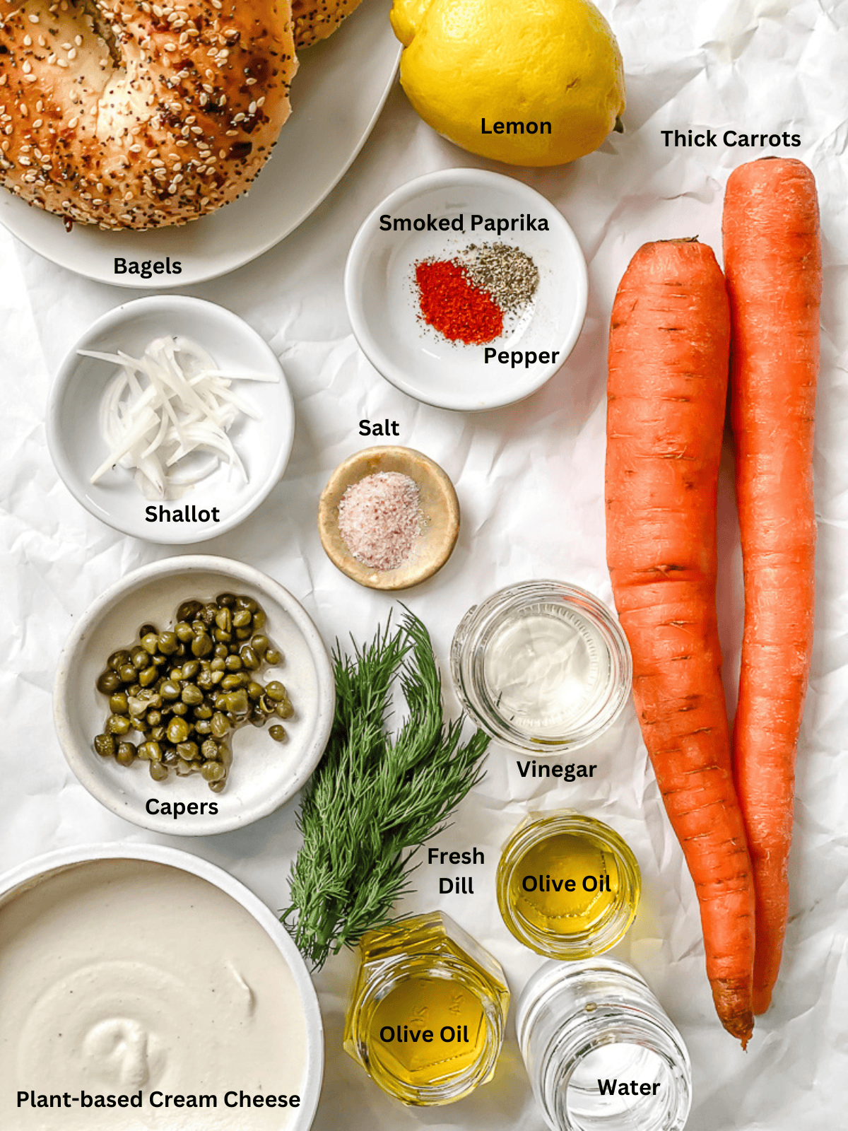 ingredients for Carrot Lox [Vegan Smoked Salmon] on a white surface