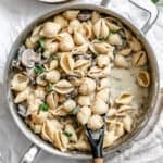completed Creamy Vegan Mushroom Pasta in a pot