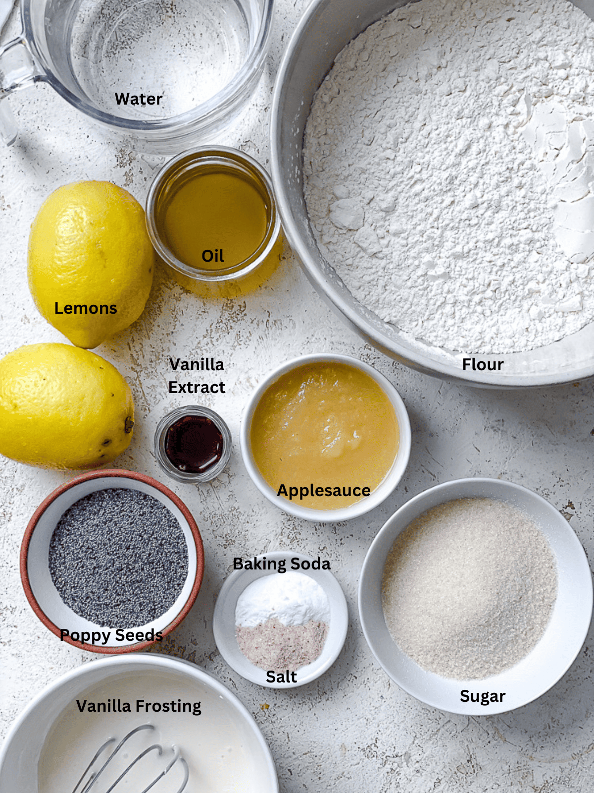 ingredients for lemon poppy seed cake with labels.