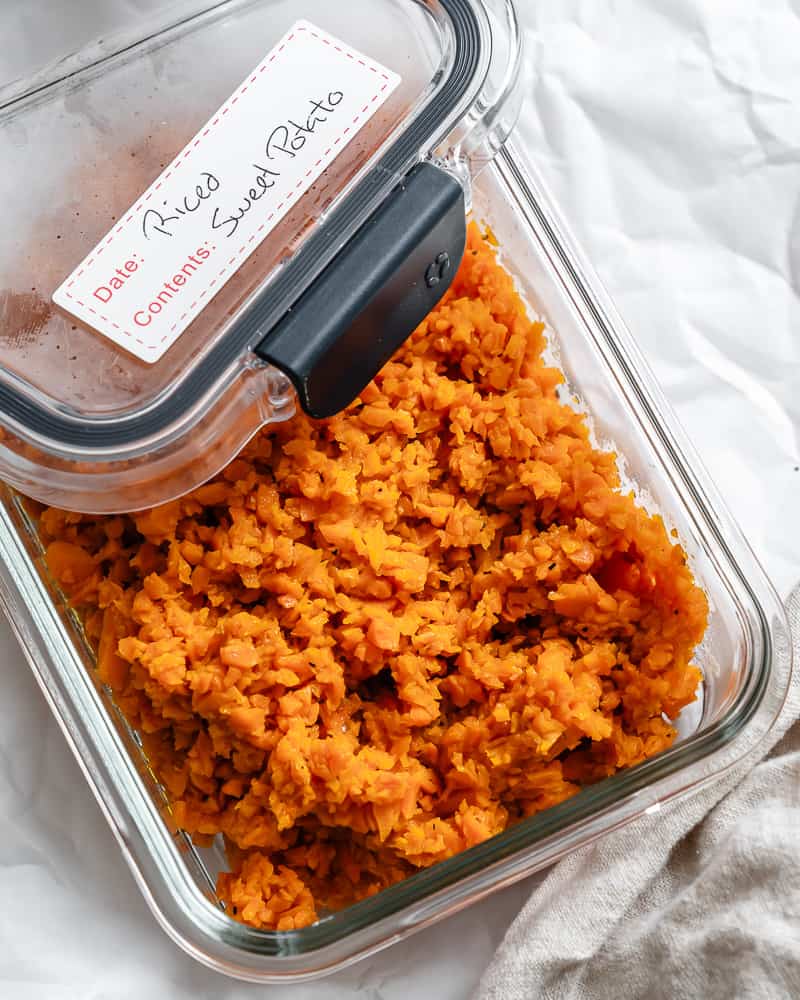 Easy Riced Sweet Potato in a storage container