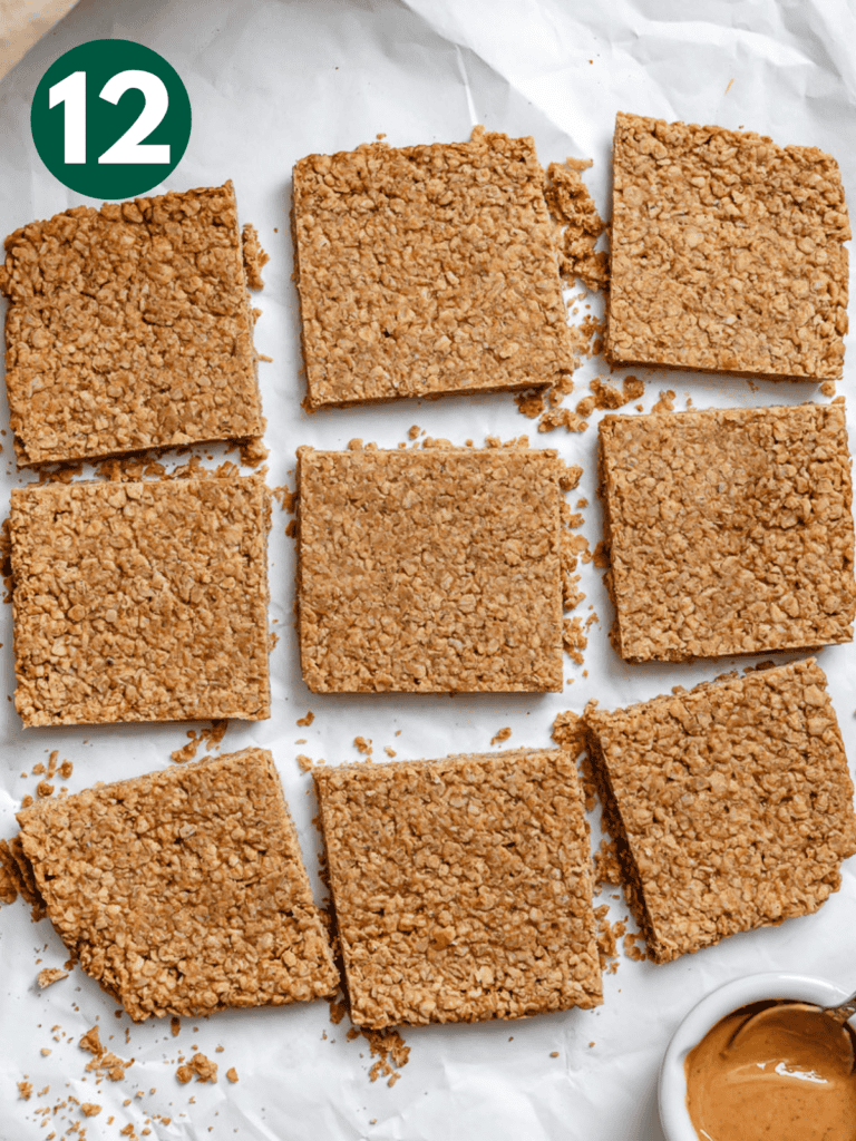 completed Peanut Butter Oatmeal Bars [Flapjacks] on a white surface