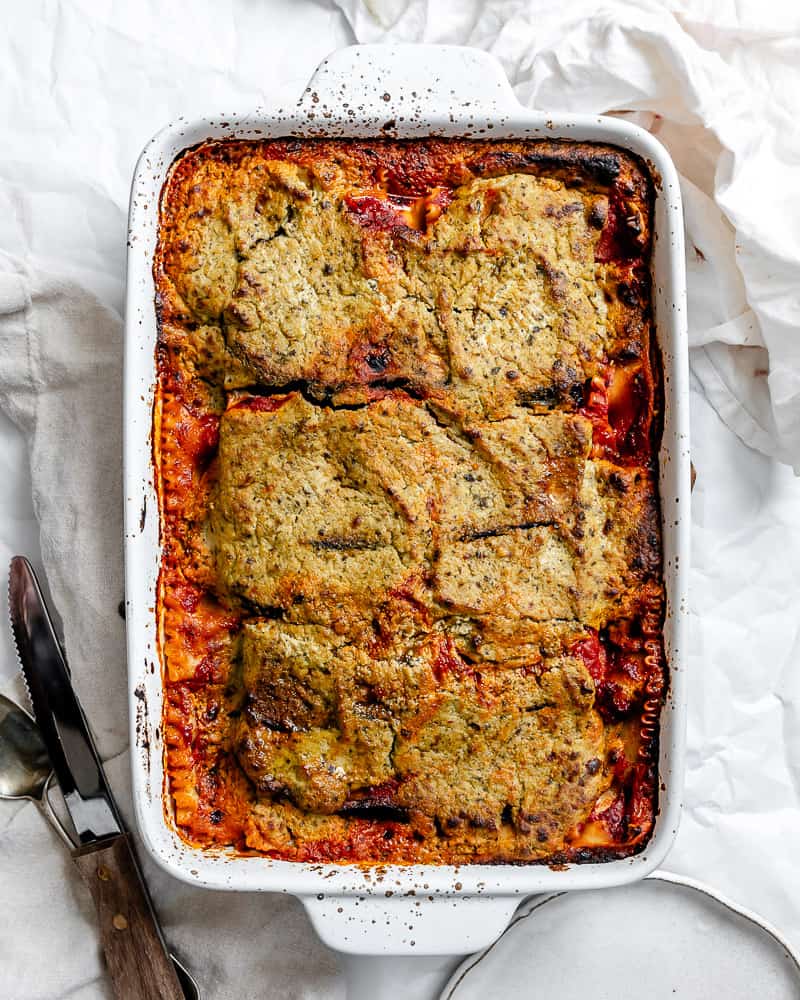 completed Vegan Eggplant Lasagna in baking tray