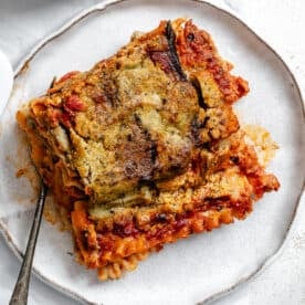 completed Vegan Eggplant Lasagna on plate