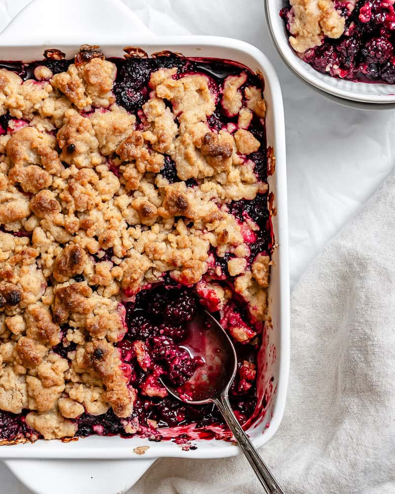 completed Easy Blackberry Crumble in baking dish