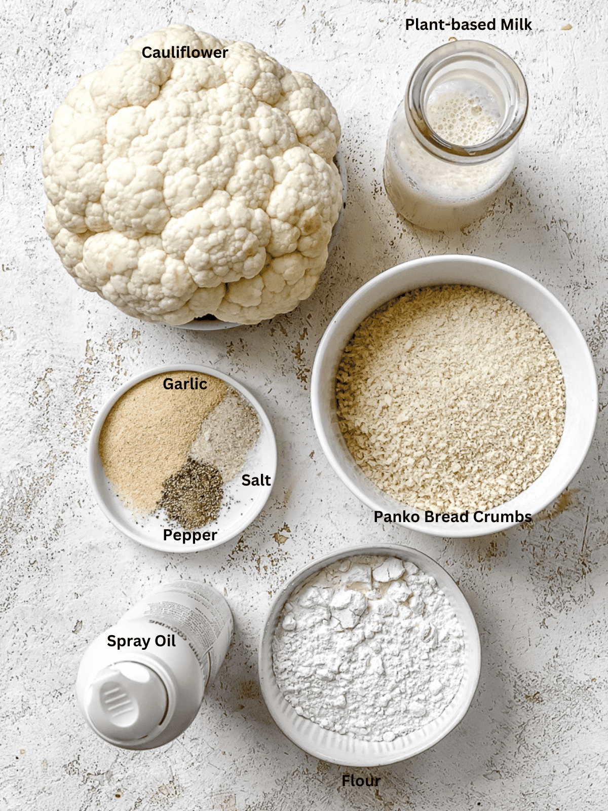 ingredients for Breaded Cauliflower [Baked + Air Fried] on a white surface