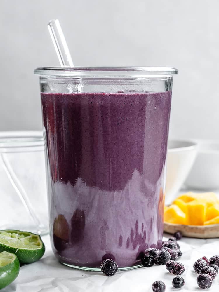 completed Mango Blueberry Smoothie in a cup