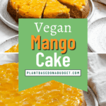 pinterest image of a sliced mango cake on a white plate.