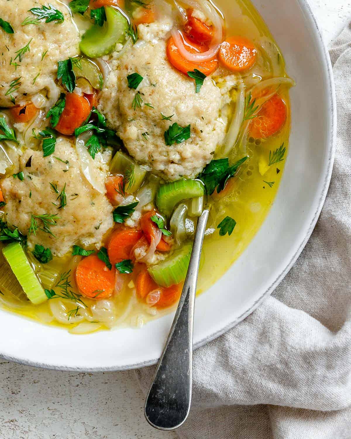 completed Vegan Matzo Ball Soup in a bowl