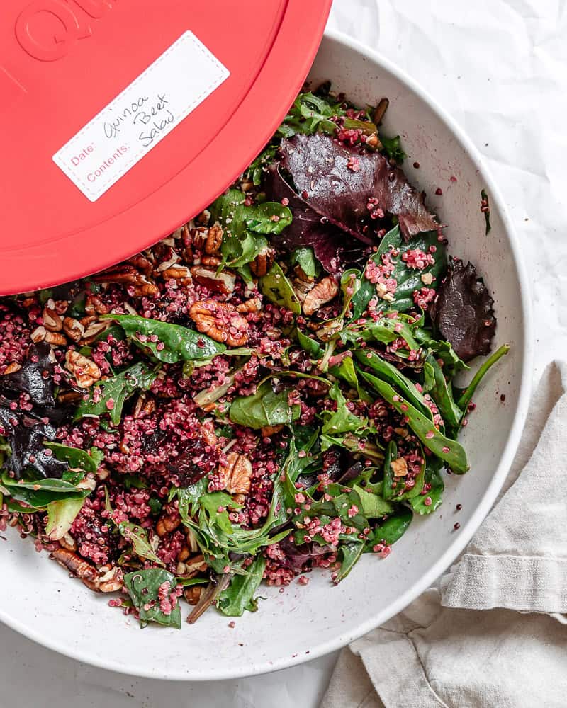 completed Roasted Beet and Quinoa Salad in a storage container