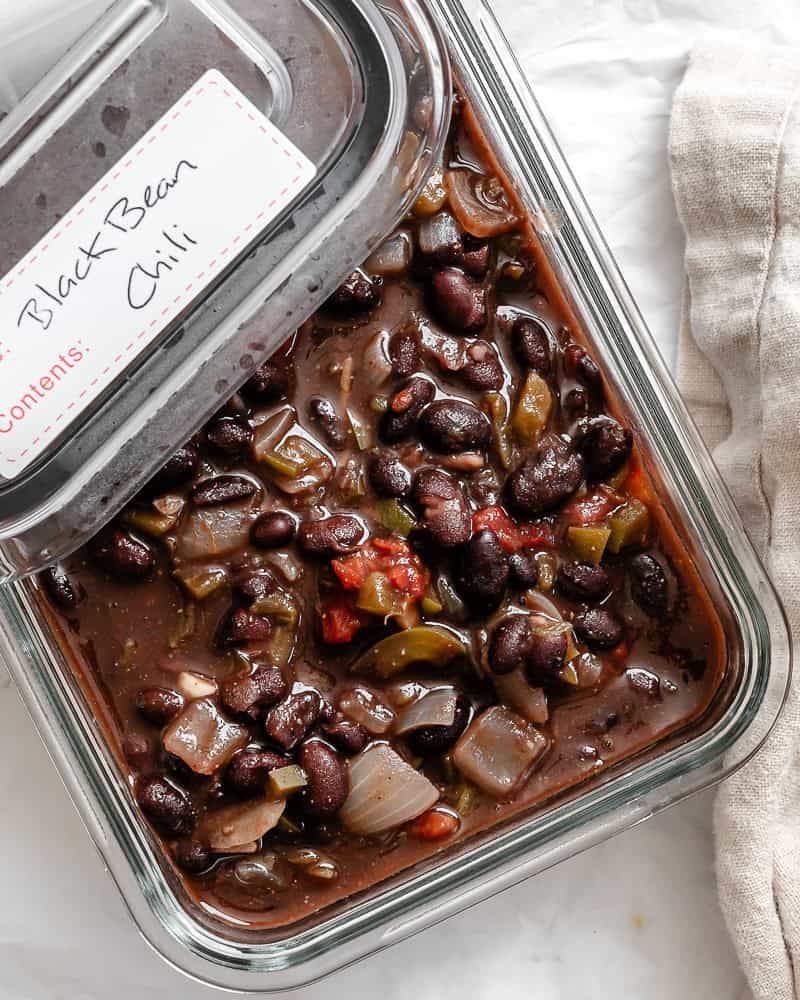 black bean chili in a storage container.