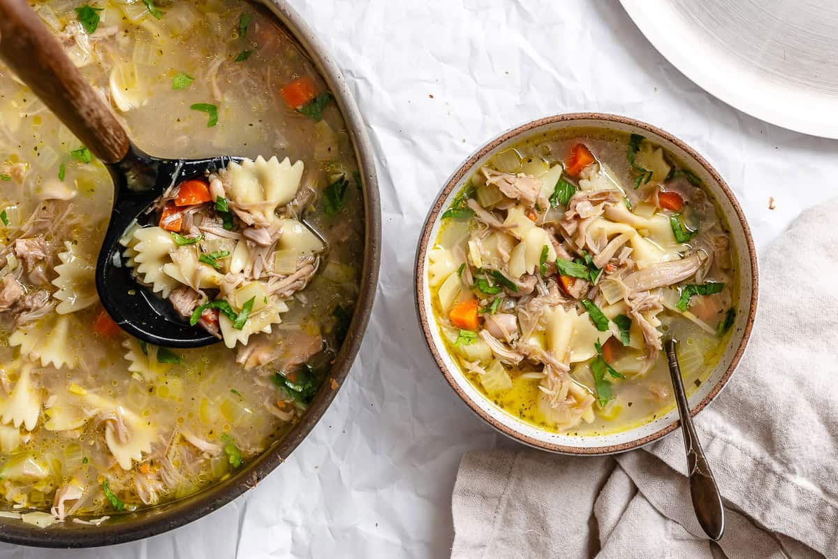 completed Vegan Jackfruit Chicken Noodle Soup in a bowl