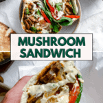 pinterest image of a mushroom sandwich in a bowl and held in a hand.