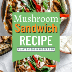 pinterest image of a mushroom sandwich in a bowl and held in a hand.