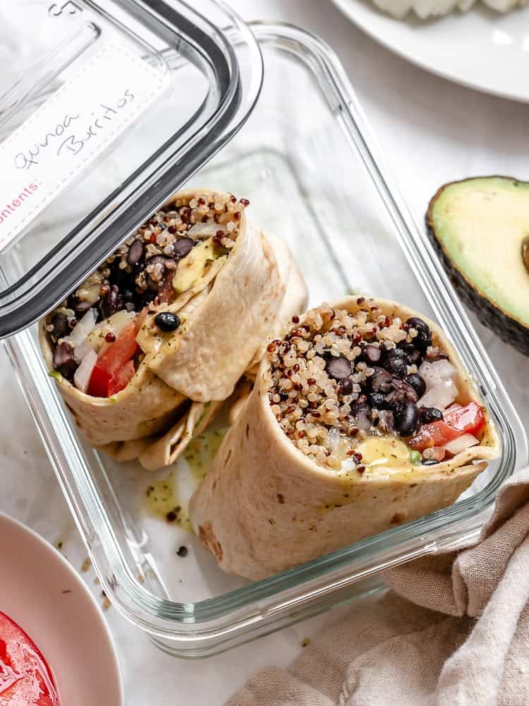 completed Quinoa Black Bean Burritos in a storage container