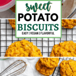 pinterest image of baked sweet potato biscuits on a wire rack and in a storage container.