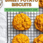 pinterest image of baked sweet potato biscuits on a wire rack.
