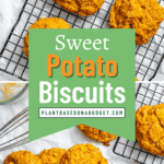 pinterest image of baked sweet potato biscuits on a wire rack.