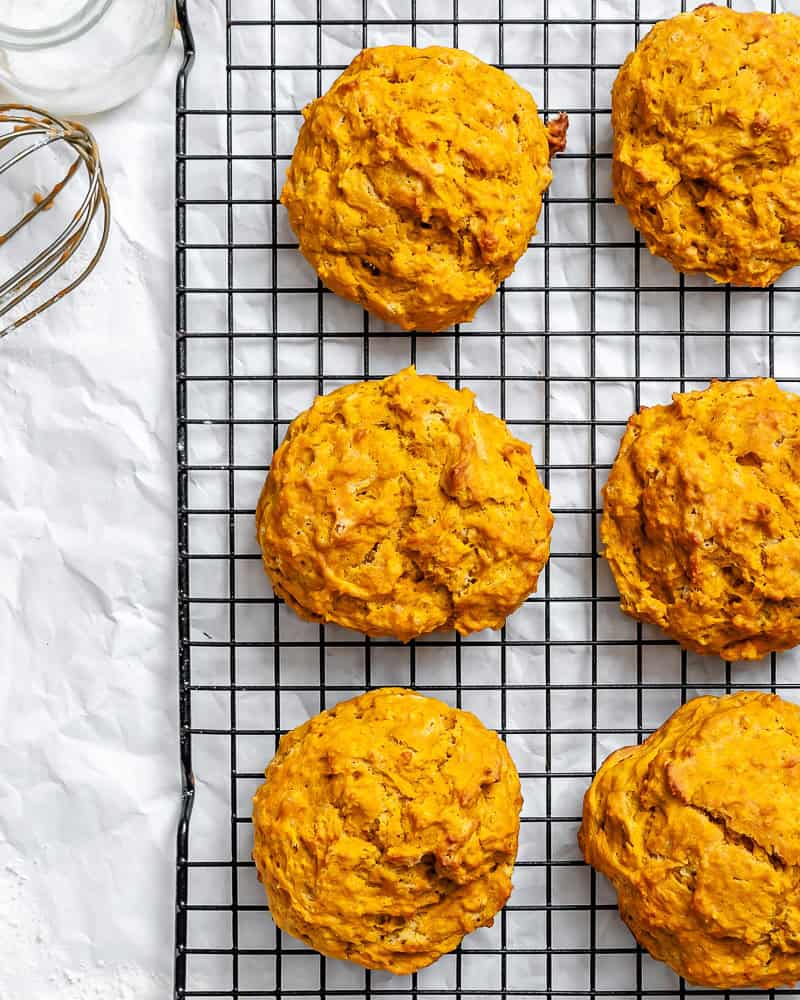 baked sweet potato biscuits on a wire rack.