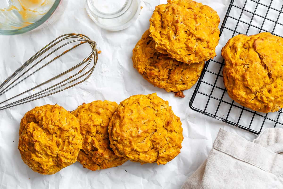 baked sweet potato biscuits on a wire rack.