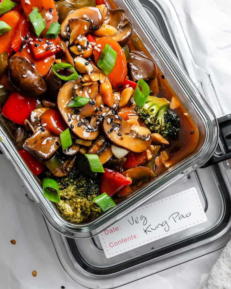 completed Kung Pao Vegetables in storage container