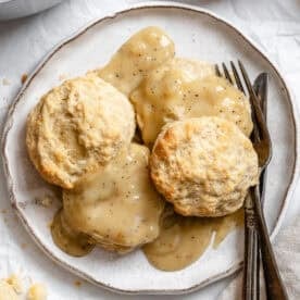 completed Vegan Biscuits and Gravy on a plate