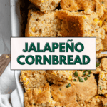 pinterest image of Vegan Jalapeño Cornbread in a white baking dish.