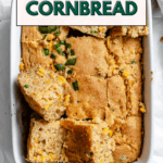 pinterest image of Vegan Jalapeño Cornbread in a white baking dish.