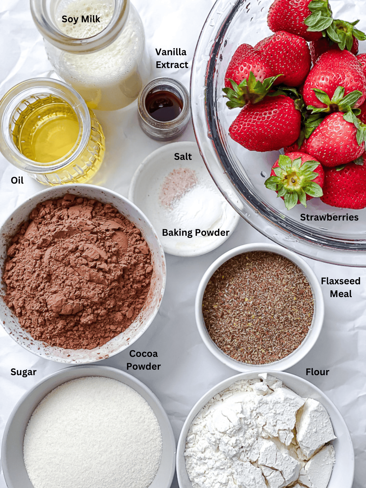 ingredients for Strawberry Brownies measured out on white surface