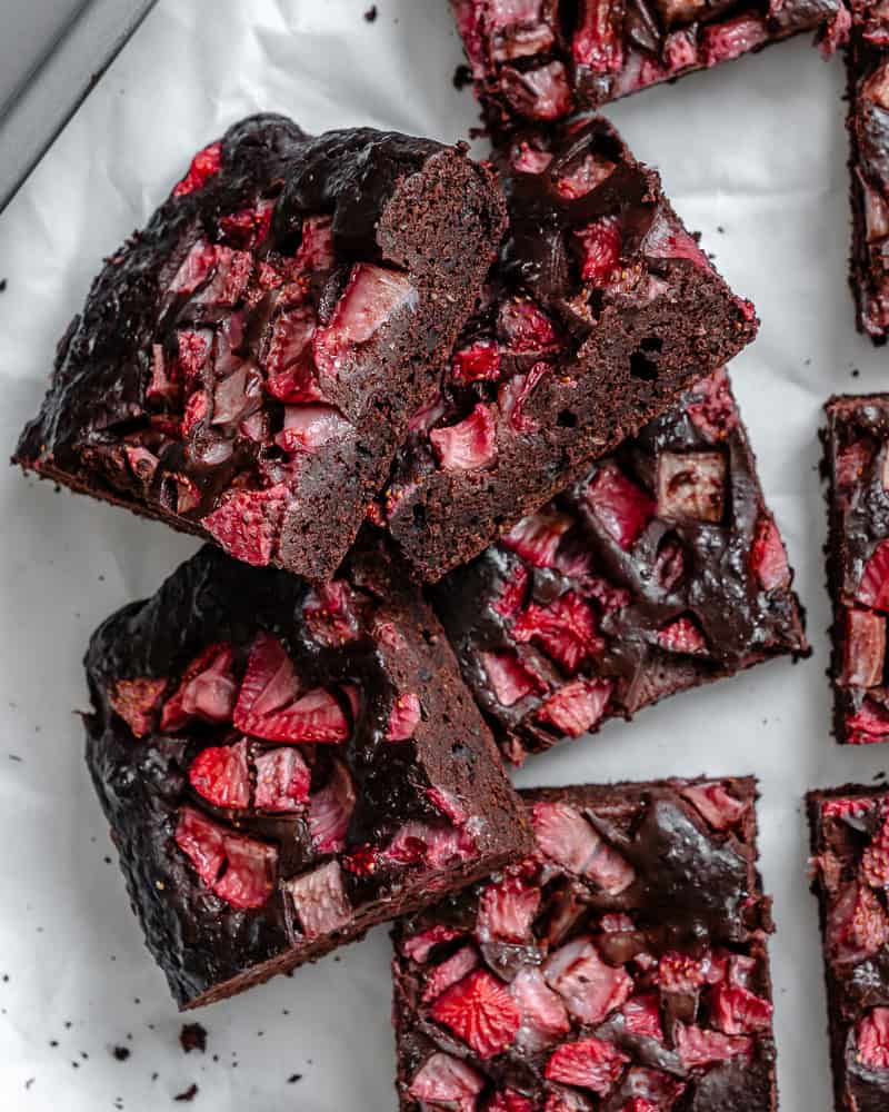 completed Strawberry Brownies on white surface