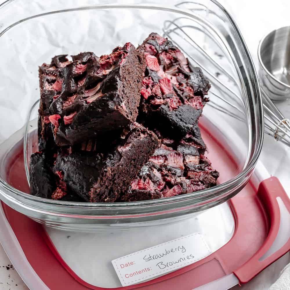 completed Strawberry Brownies in storage container