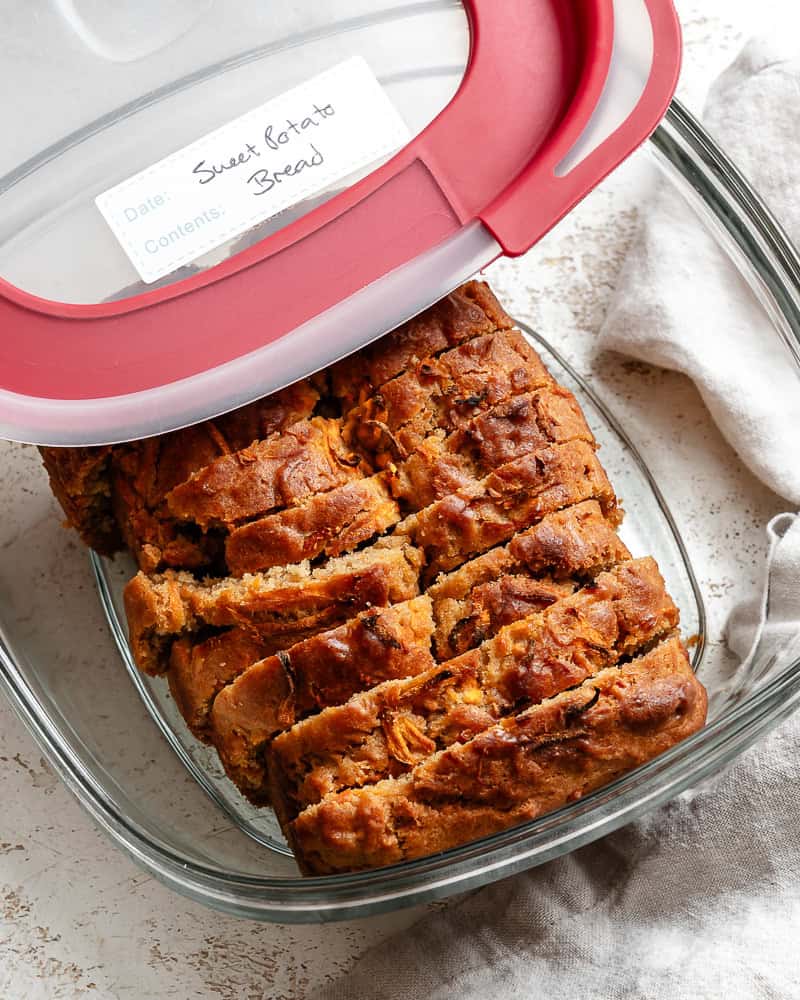 completed Sweet Potato Bread in a storage container