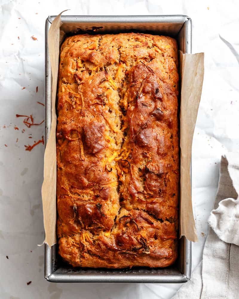 completed Sweet Potato Bread on a white surface