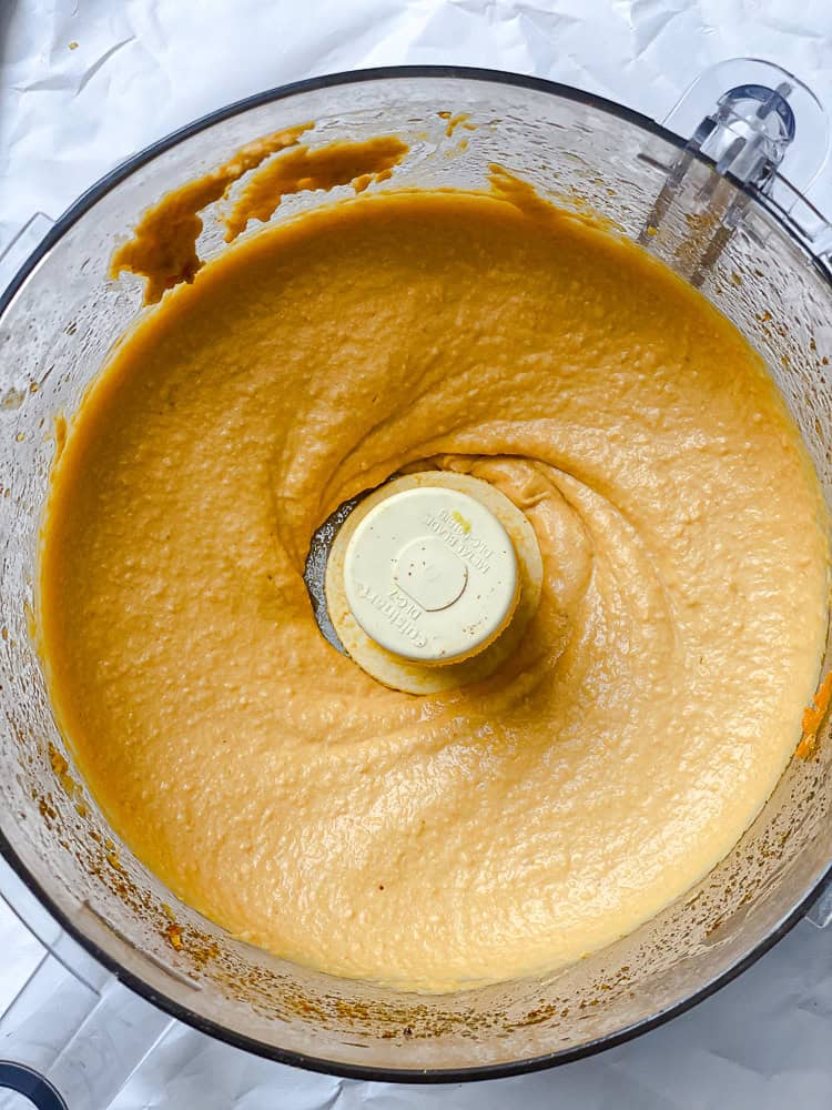 blended sweet potato hummus in a food processor.