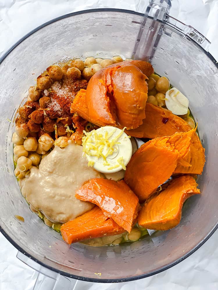 ingredients for Sweet Potato Hummus in a food processor.