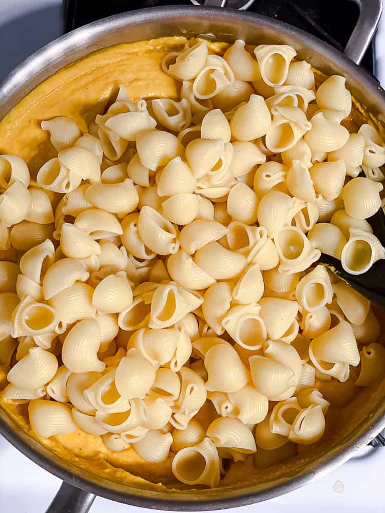Cooked pasta for vegan butternut squash mac and cheese.