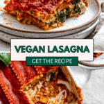 pinterest image of a piece of vegan lasagna on a white plate and in a baking dish.